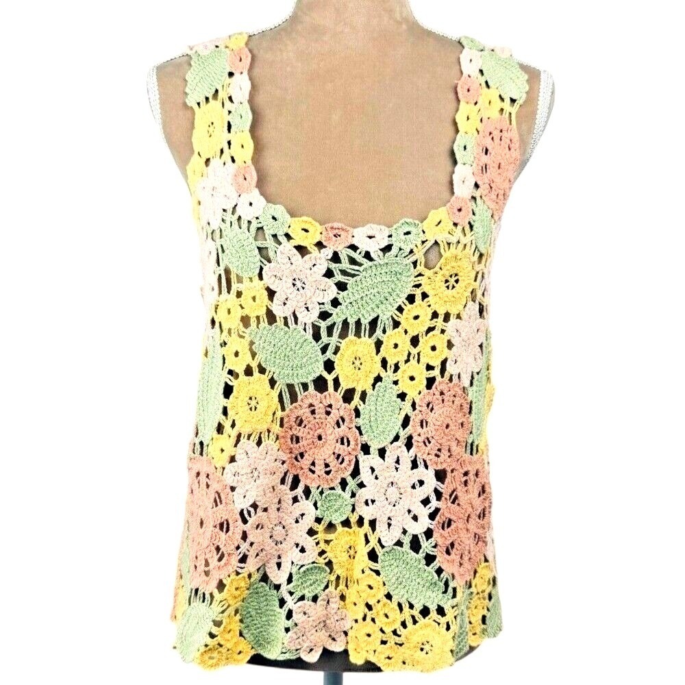 Easy Clothes Crochet Tank Top Womens Pastel Floral Boho Festival Open Knit